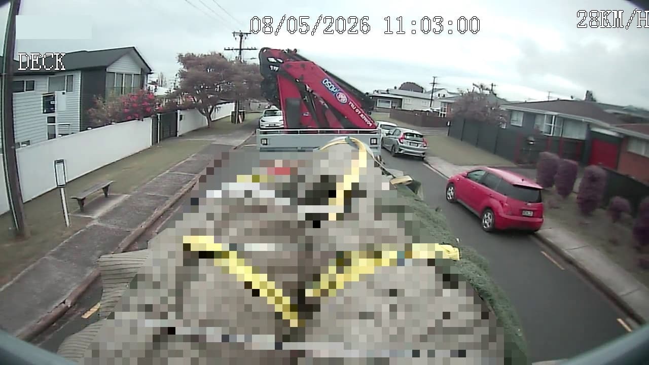 Deck view — crane truck navigating urban streets, 28 km/h