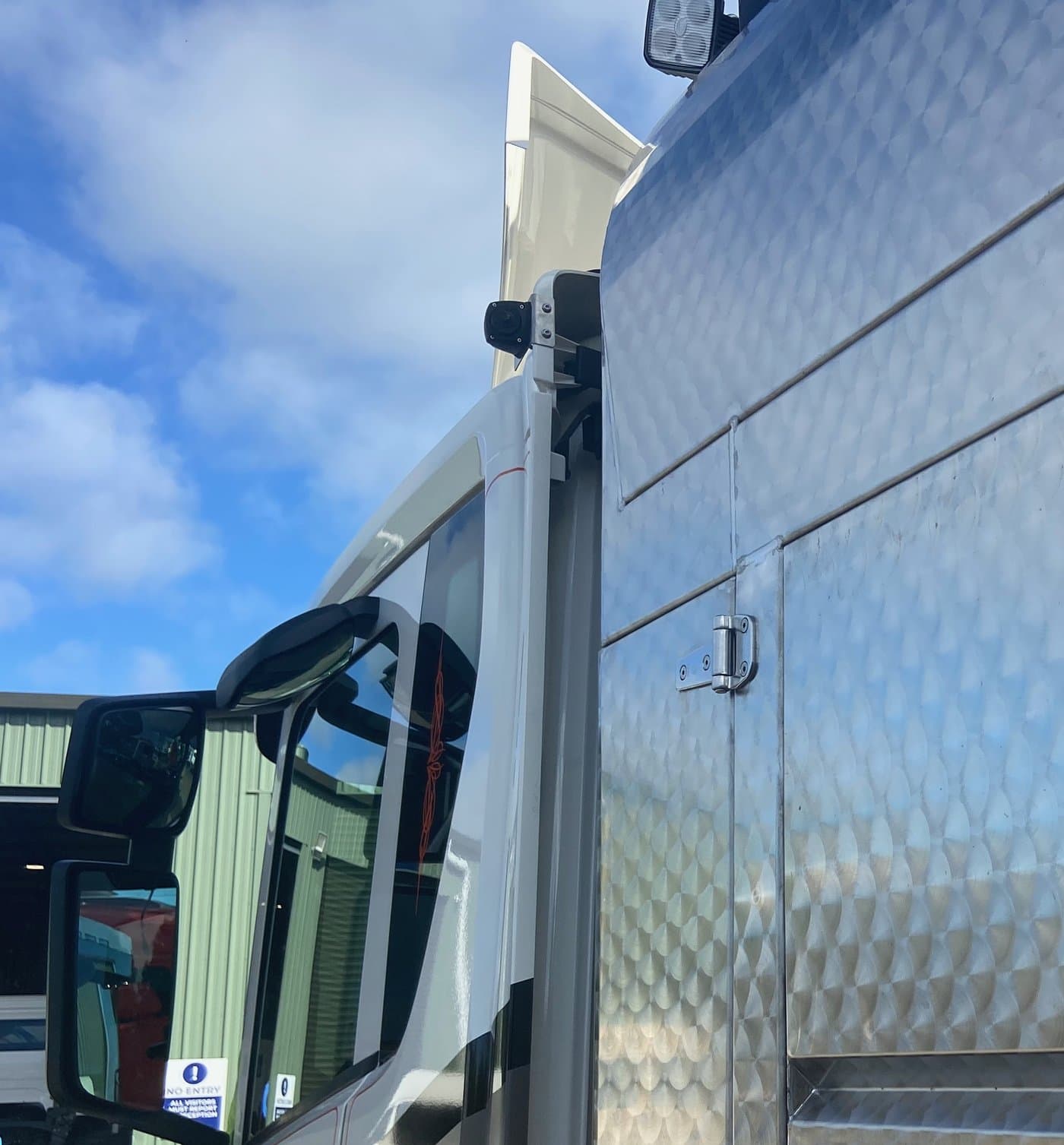 Side camera mounted on Scania truck A-pillar