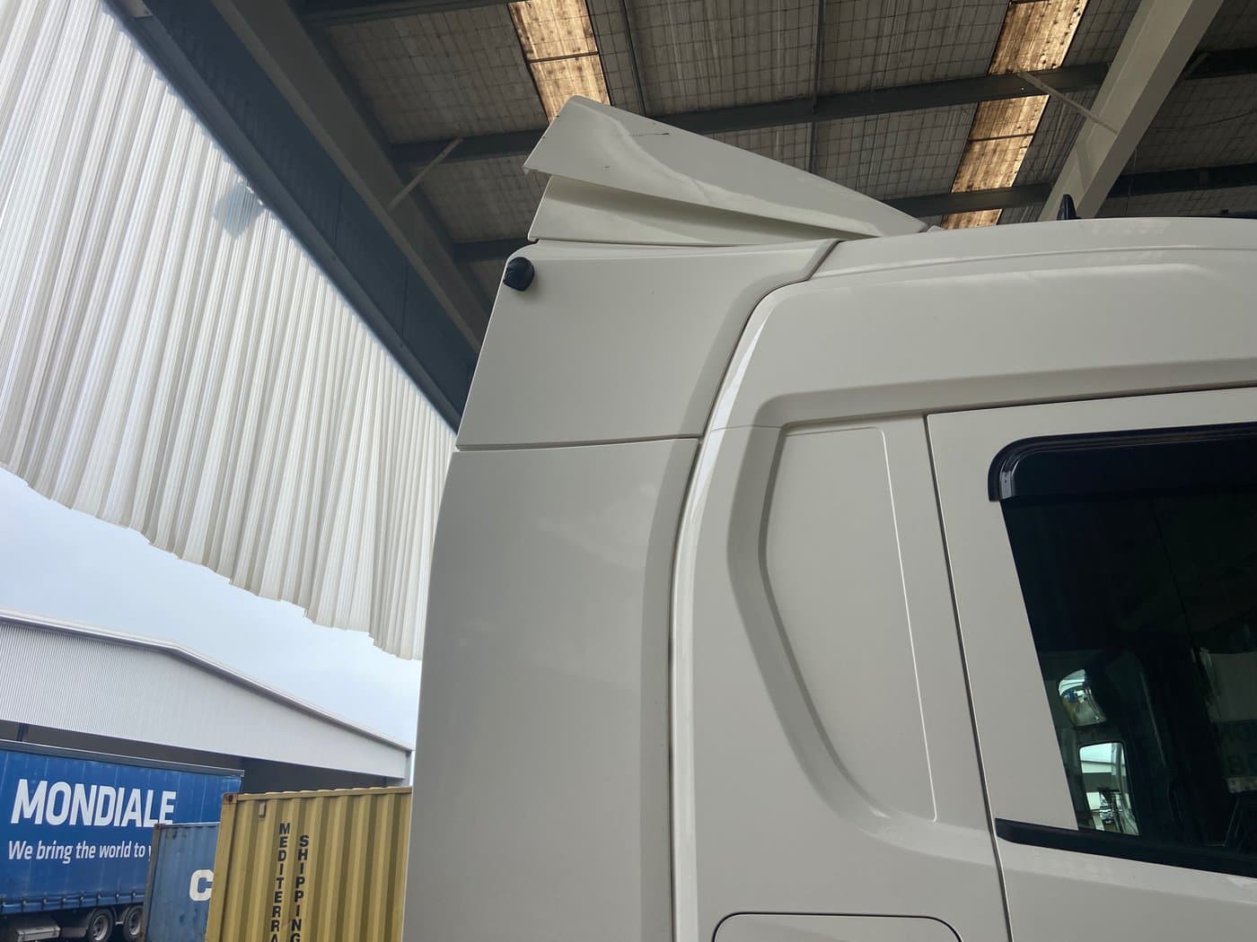 Camera mounted on truck cab corner